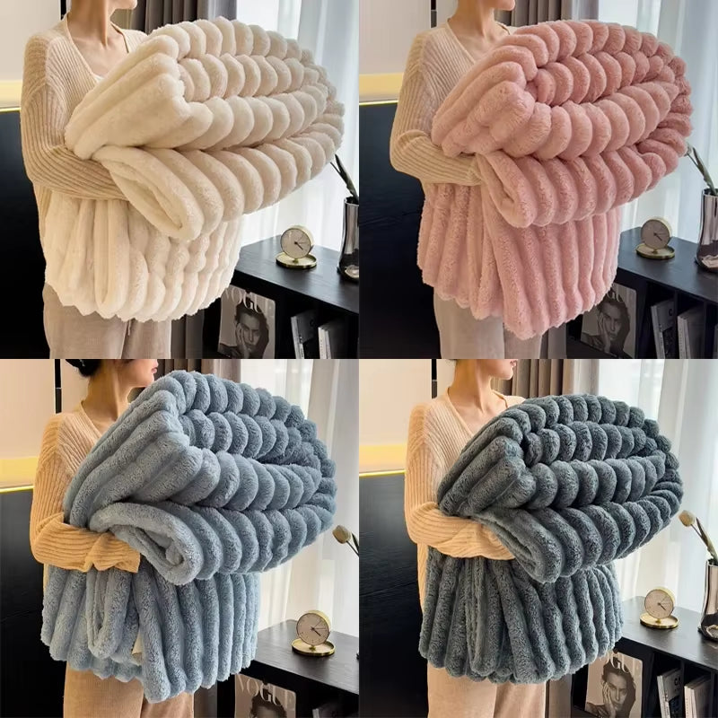 Cozy Up with Our 250GSM Striped Coral Fleece Throw Blanket - Perfect for Winter Naps and Home Decor